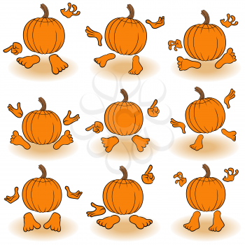Halloween set of nine funny orange pumpkins that gesticulate with hands and feet, view from the back, isolated on the white background cartoon vector illustrations