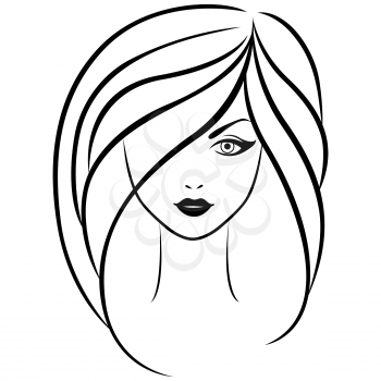 Abstract vector outline portrait of young beautiful girl with long hair