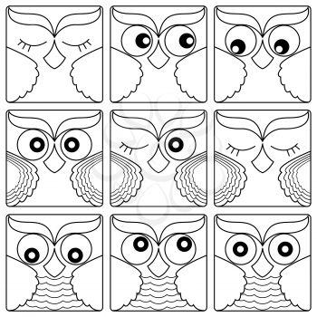 Set of nine cute owl faces placed in square forms and isolated on a white background, cartoon vector black outlines as icons