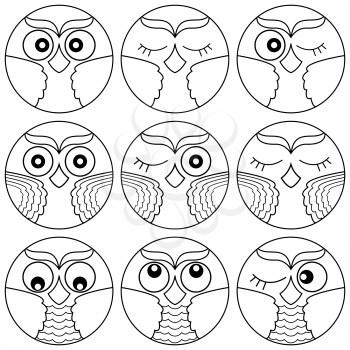 Set of nine cute owl faces placed in circle forms and isolated on a white background, cartoon vector black outlines as icons