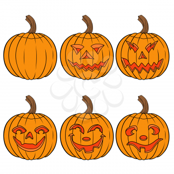 Halloween set of six amusing orange pumpkins with various face characters isolated on a white background, cartoon vector illustration