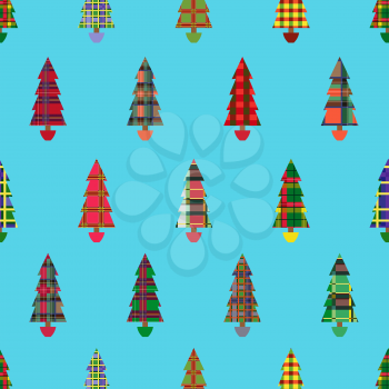 Christmas tree seamless vector pattern with colourful ornate decoration as a Celtic tartan plaid over cyan background