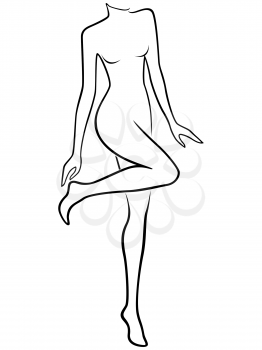 Abstract standing slender female touches her tired heel, hand drawing vector outline