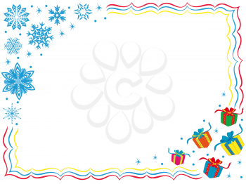 Greeting card with color frame, snowflakes and gifts, cartoon vector artwork