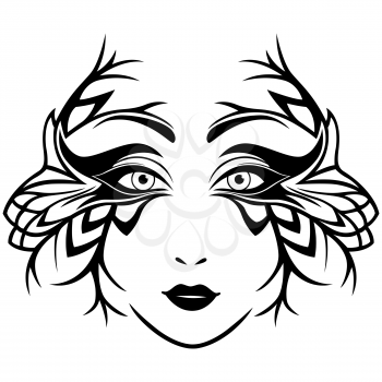 Abstract black and white female face with ornate stylized mask, hand drawing vector illustration