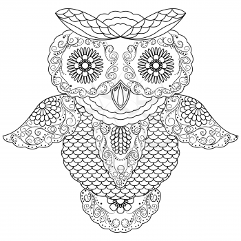 Abstract black ornamental outline of big owl, cartoon vector illustration isolated on a white background
