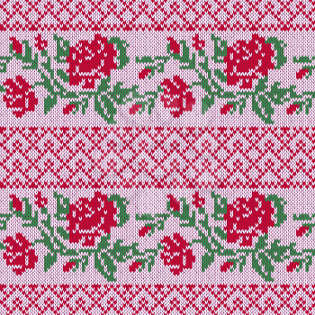 Knitted Ornamental Seamless Vector Pattern as a fabric texture with rows of stylish Red Roses and green leaves