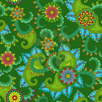 Seamless vector colourful pattern with beautiful flowers on the dark green background