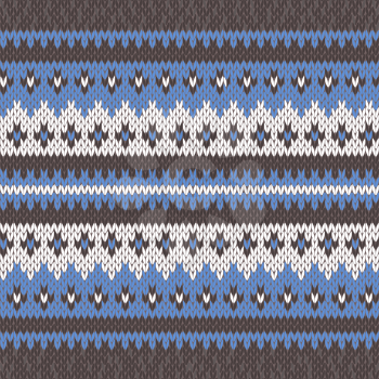 Abstract Ornamental Seamless Vector Pattern as a stylish Fabric Knitted ethnic texture in blue, white and grey colors