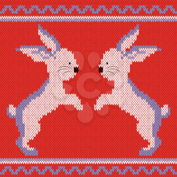 Knitted Ornamental vector pattern with white and blue two rabbits on the bright red background