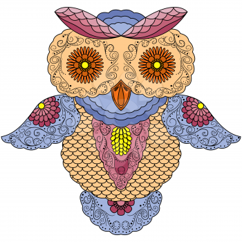 Abstract colourful ornamental stylized big owl, cartoon vector illustration isolated on a white background