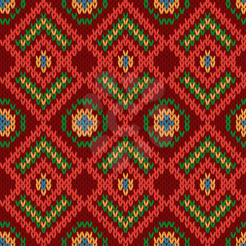 Ornamental ethnic motley knitting seamless vector pattern as a knitted fabric texture in red, green, blue, and orange colors