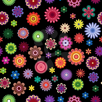 Bright colourful decorative stylized flowers on the black background as a fabric texture, contrast seamless vector pattern