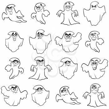 Collection of sixteen amusing ghost outline with various characters isolated on a white background, cartoon Halloween vector illustration