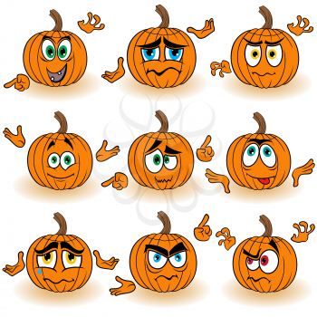 Set of nine amusing Halloween orange pumpkins that gesticulate with hands isolated on the white background, cartoon vector illustration