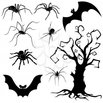 Halloween silhouette set of spiders, flying bats and old dried tree isolated on white background, hand drawing vector illustration