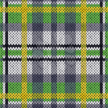 Knitting seamless vector pattern with perpendicular lines as a woollen Celtic tartan plaid or a knitted fabric texture in green, white, yellow and grey hues