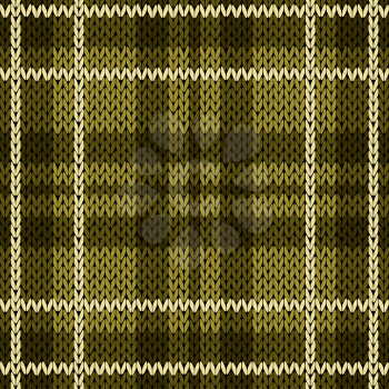 Knitting checkered seamless vector pattern with perpendicular lines as a woollen Celtic tartan plaid or a knitted fabric texture, mainly in warm green hues with white thread