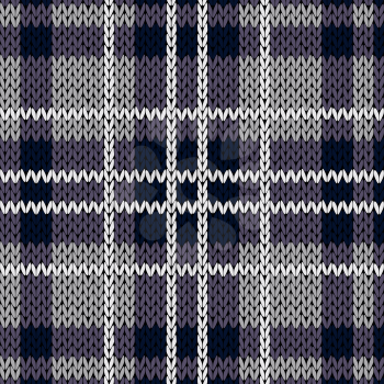Knitting checkered seamless vector pattern with perpendicular lines as a woollen Celtic tartan plaid or a knitted fabric texture, mainly in muted violet hues with white thread