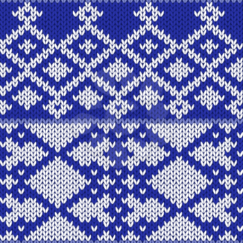 Abstract knitting ornamental seamless vector pattern as a knitted fabric texture in light blue and white colors