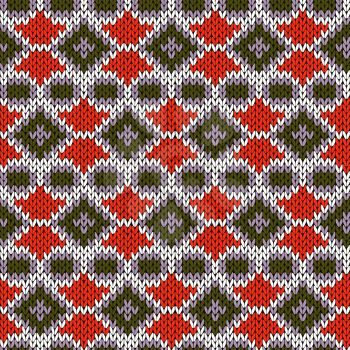 Ornate seamless knitting ornamental vector pattern in warm colors as a knitted fabric texture 