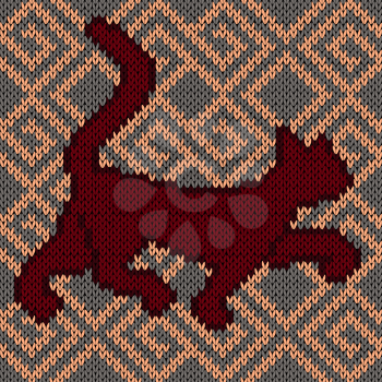 Knitting fabric childish vector seamless pattern with dark red rambling cat over ornamental background 