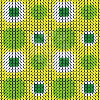 Seamless knitting geometrical vector pattern with symmetrical square cells in green yellow and white colors as a knitted fabric texture 