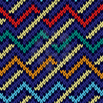 Knitted wavy multicolor background in red, blue, beige, orange and turquoise colors, seamless knitting vector pattern as a fabric texture