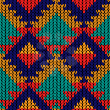 Knitted geometric motley background in red, orange, turquoise and blue colours, seamless knitting vector pattern as a fabric texture