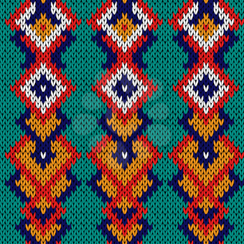 Knitted background in turquoise, blue, red, orange and white colors, seamless knitting vector pattern as a fabric texture