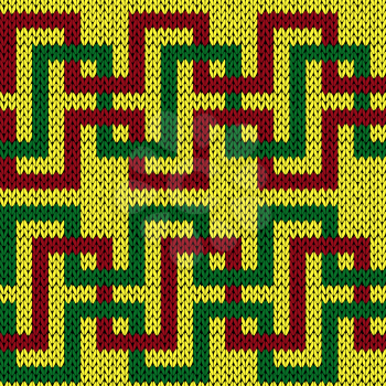 Intertwining geometric lines in red and green colors over yellow background, seamless knitting vector pattern as a fabric texture