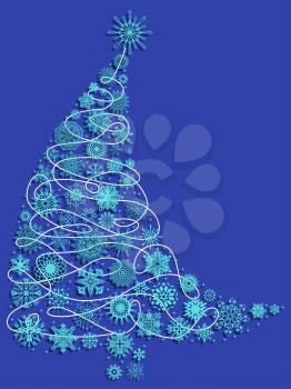 Curved and tilted ornate stylized Christmas tree with lot of lacy snowflakes on the blue background, vector illustration
