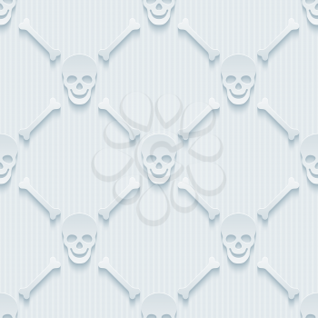 Light perforated paper with cut out effect. 3d skulls and bones seamless background. Vector EPS10.