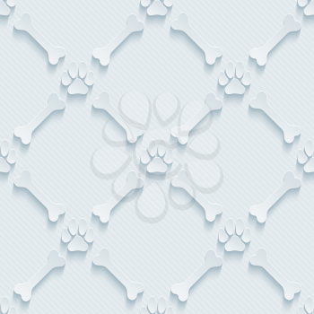 Light perforated paper with cut out effect. Paws print and bones 3d seamless background. Vector EPS10.
