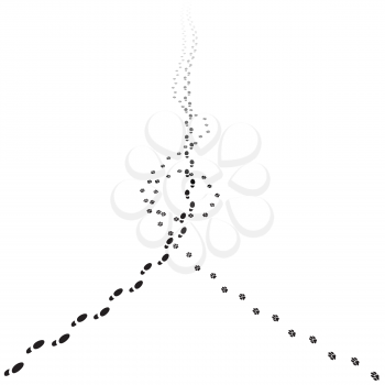 Human and dog tracks walking away. Illustration of receding footprints with copy space. Vector EPS10.