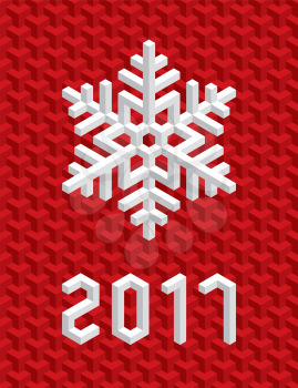 Christmas Card with White Isometric 3D Snowflake on Christmas Red Background. Editable Vector EPS10 Illustration for New Year Decoration 2017.