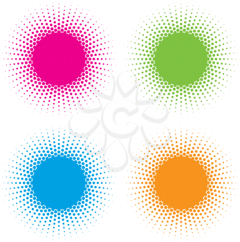 Set of Color Halftone circle frames vector design elements on white background. Halftoned Dots Flash Light With Fade Effect of Halo. Optical Illusion of Half Tone Spirograph Flower.