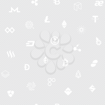 White seamless pattern with cryptocurrency symbols. Vector tileable background for cryptocurrency mining pools or digital currency exchange.