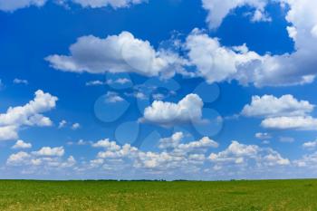 Beautiful cloudscape over green cereal field in springtime