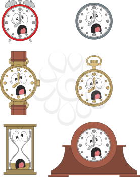 Cartoon screaming clock or watch face smiles illustration 09