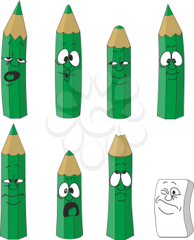 Vector. Cartoon emotional green pencils set color 15