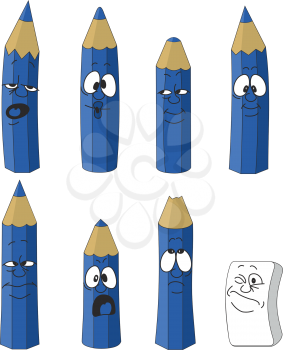 Vector. Cartoon emotional cyan pencils set color 17