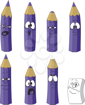 Vector. Cartoon emotional violet pencils set color 18