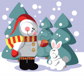 Vector. Snowman  with gift in color 06