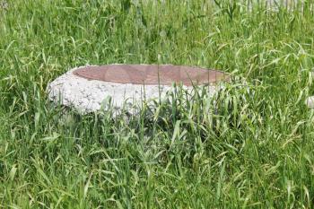 Manhole with rusty metal cover in the grass 19759