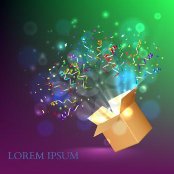 Open Box With fireworks from confetti. Vector illustration