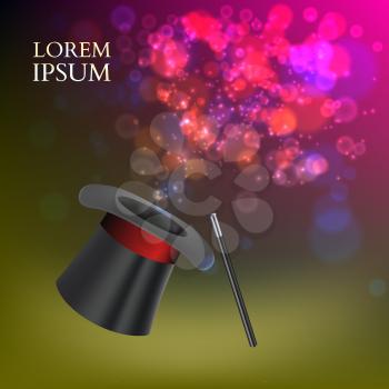 Magician Top Hat and stick with magic particles. Vector illustration