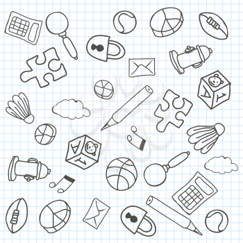 Doodle Background basketball puzzle pencil padlock shuttlecock pie magnifying glass mail envelope note