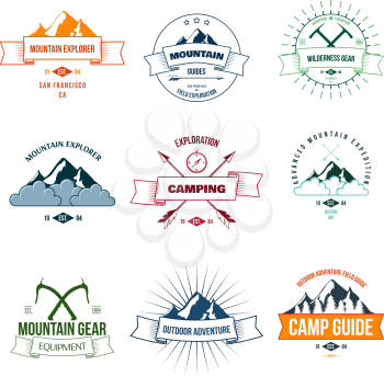 Camping mountain adventure hiking explorer equipment labels set isolated vector illustration