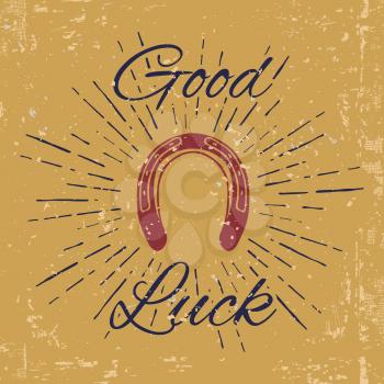 Horseshoe and vintage sun burst with Good Luck text. Blacksmith Label. Vector illustration